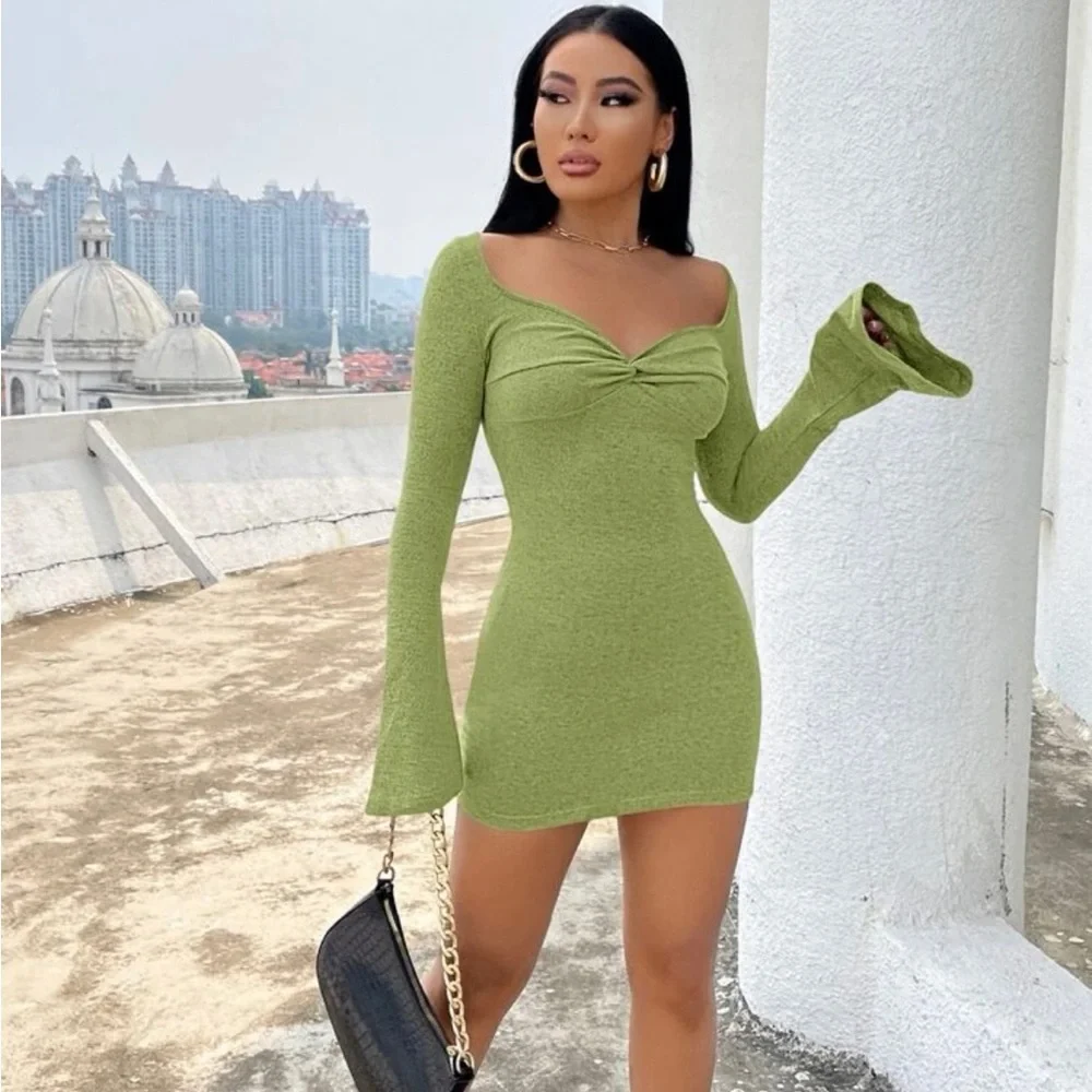 Sexy Green Dress Flounce Sleeve Sweetheart Neckline Bodycon Small S - Picture 2 of 5